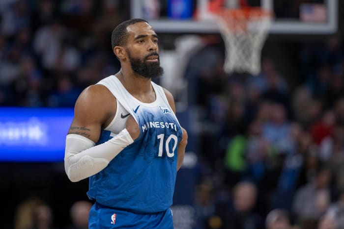 Jan 20, 2024; Minneapolis, Minnesota, USA; Minnesota Timberwolves guard Mike Conley (10) looks on against the Oklahoma City Thunder in the second half at Target Center.